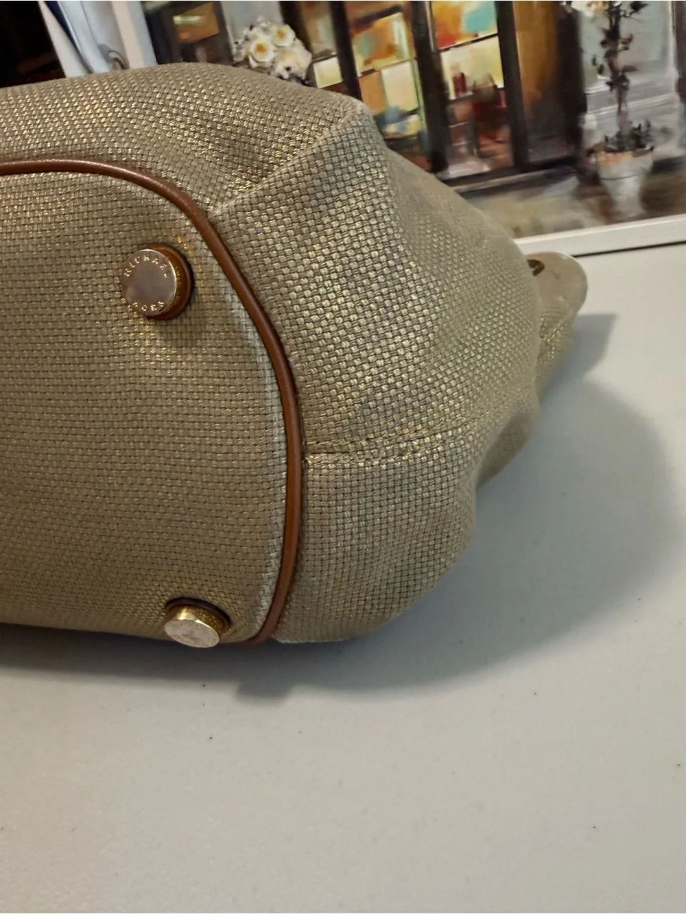 Michael Kors Tan Canvas Tote with Brown Leather Trim and Tassel